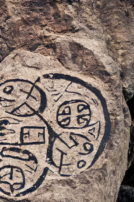 Image similar to 4 k photography of petroglyphs representing crosses, ufo, yin yang symbol on a cave