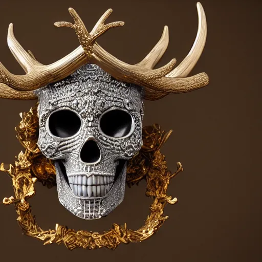Image similar to a portrait of a beautiful ornate and intricate rococo skull with antlers and silver and gold details and diamonds inside a rococo frame, 4k, octane render, vray, unreal engine, photorealistic