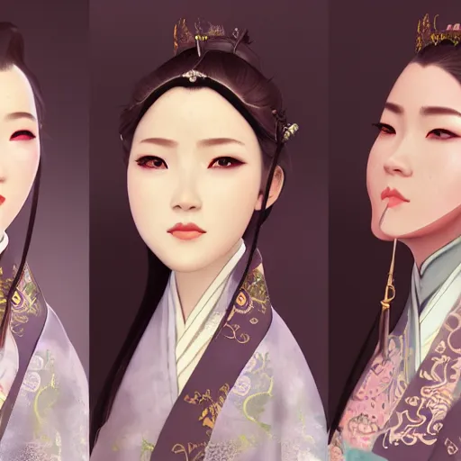 Prompt: woman wearing hanfu, middle shot, digital art, highly detailed, intricate, sharp focus, Trending on Artstation, HQ, unreal engine 5, 4K UHD image, by brom, loish, artgerm, face by Otto Schmidt