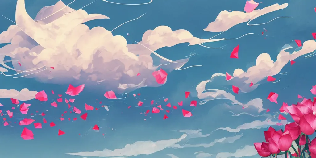 Image similar to background art of flying longswords flowing and floating through the slicing through directional wind on a simple cloudy sky background featuring an enormous tsunami, big puffy clouds, large individual rose petals, lotus petals, angular background elements, large polygonal fragments, anime, studio ghibli, artgerm, manga, trending on artstation, art nouveau, mature color scheme