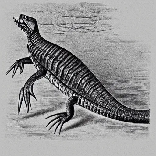 Image similar to “Victorian scientific drawing of a small icthyosaur with sharp teeth and sharp scales, the picture is a very detailed illustration drawn in pencil and India ink, realistic”