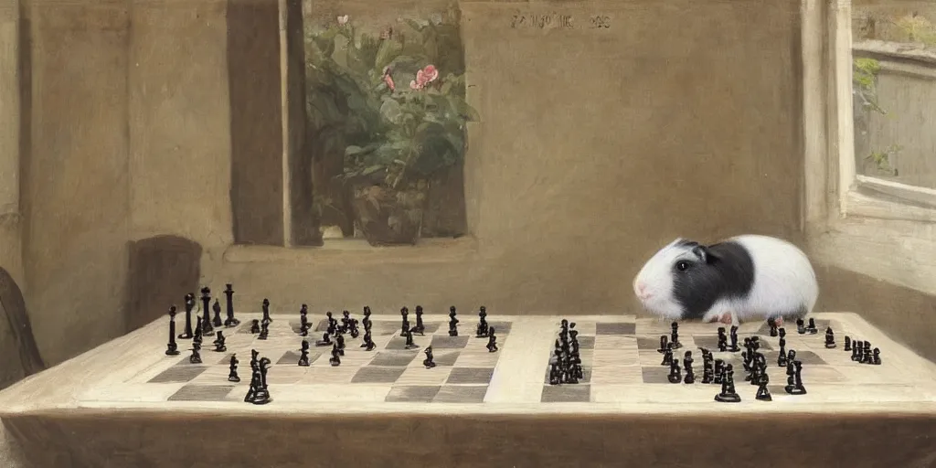 Prompt: a guinea pig playing chess, in the style of fanny brate