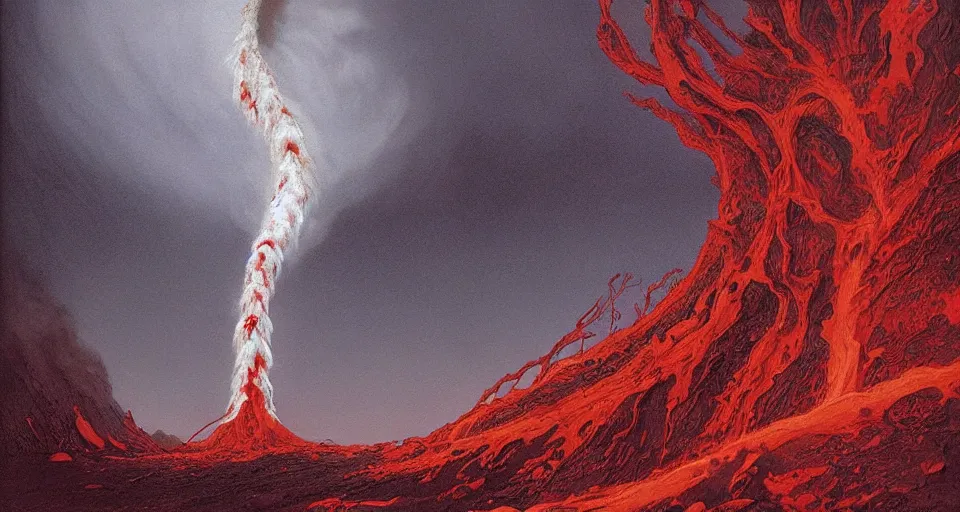 Image similar to a volcano made of ivory vines and crimson rocks enters in eruption, it spits a smoke in the shape of demonic eye, by john howe