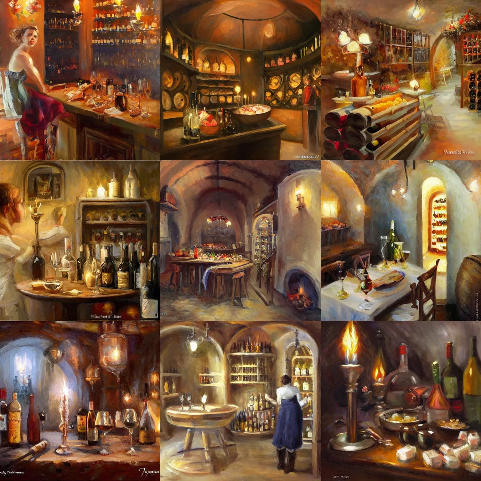 Prompt: painting by vladimir volegov, wine cellar, food, pork, schnapps, torches on the wall, atmospheric