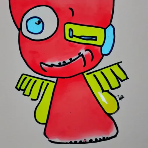 Image similar to a cute strawberry character with two front teeth, holding a yellow toothbrush, in the style of victor moscoso