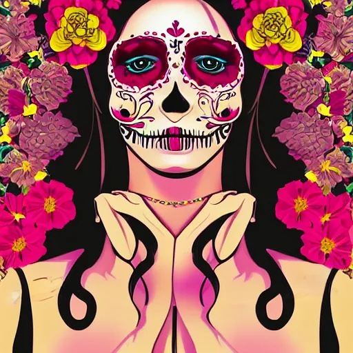 Prompt: a close up portrait beautiful woman, floral headdress, flowers, dia de los muertos makeup, long flowing dark hair in retro colors, synthwave style, 2 d digital vector art