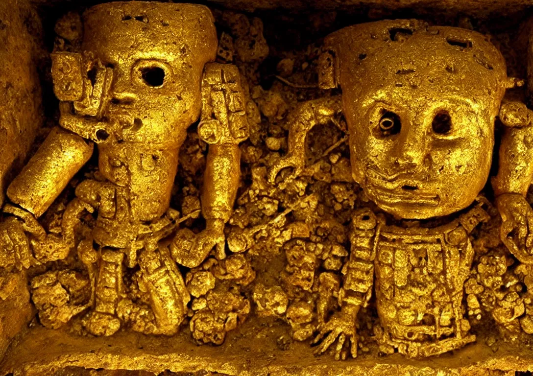 Image similar to Archaeologists discover ancient golden robot inside Mayan burial chamber. Photorealistic. Intricate details.