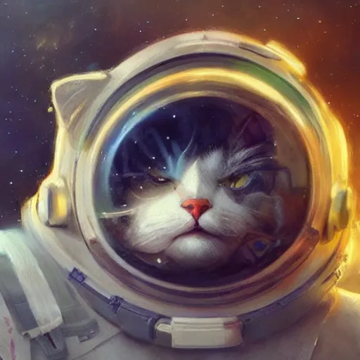 Image similar to head and shoulders masterpiece portrait of a cute adorable cat wearing a spacesuit, surreal background, digital art by krenz cushart, trending on artstation, cgsociety,