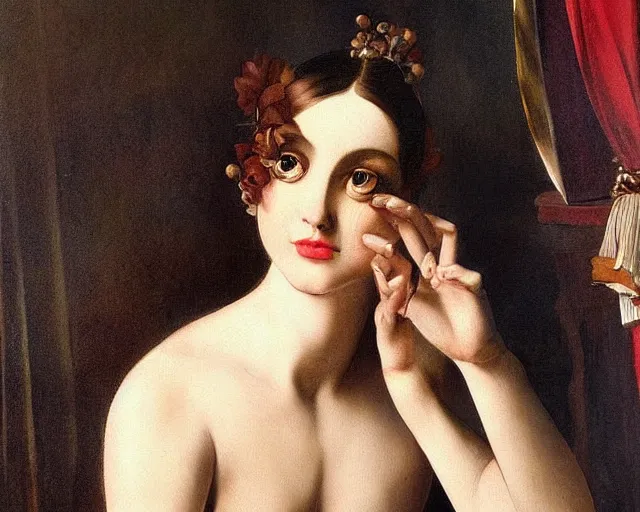 Image similar to a very unique stylize watercolor painting. 3 / 4, medium shot. a straight and long nose, and huge prominent eyes. she is looking at the mirror and crying to the sun. old photograph. sharp image. academicism, highly detailed, color harmony, art station, ornate, caravaggio style. old photography