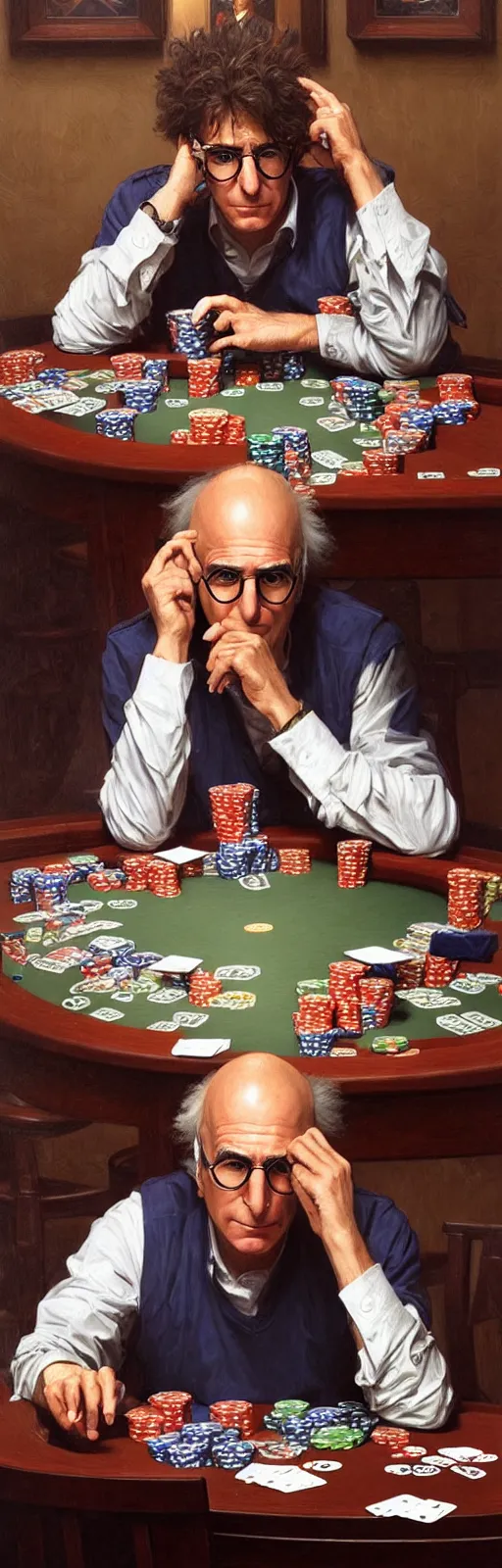 Prompt: portrait of larry david playing poker, photorealistic, highly detailed, artstation, smooth, sharp focus, art by michael whelan, artgerm, greg rutkowski and alphonse mucha