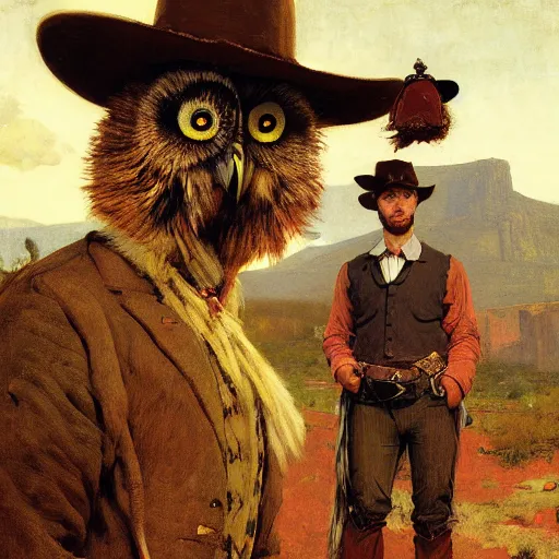 Image similar to wild west portrait of furry anthro anthropomorphic owl head animal person fursona wearing clothes in the valley, sunny day, digital art by Nerdrum John, William Waterhouse, Winslow Homer, Alex Heywood, Jordan Grimmer, Darren Quach, Greg Rutkowski, Simon Stalenhag, trending on Artstation, CGSociety