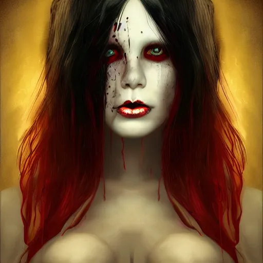 Image similar to Portrait of a pale white vampire woman with bright glowing strands of hair, dark black hair, blood dripping from her fangs, horror, creepy, unsettling, artstation, cgsociety, masterpiece, dark fantasy