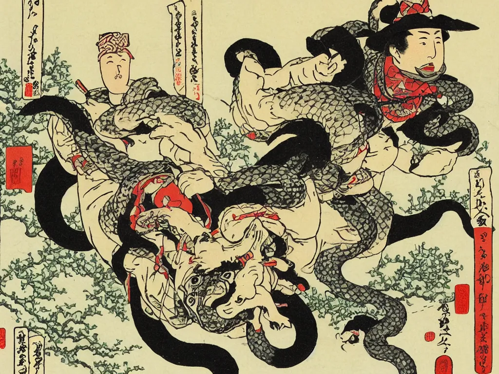 Prompt: Ukiyoe of a snake oil salesman riding a bull through a snowy forest in wild west formosa
