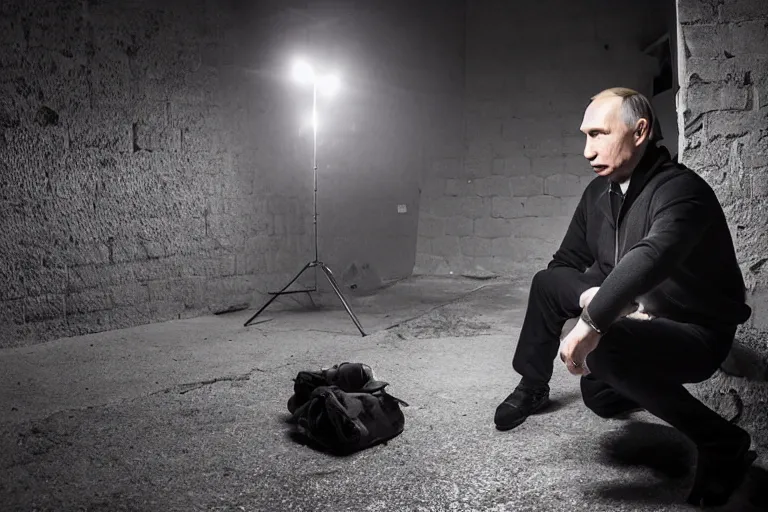 Prompt: a medium low angle shot of Vladimir putin sitting in squat position, looking at the camera, lit from below, shot from below, squatting, 8k, black background