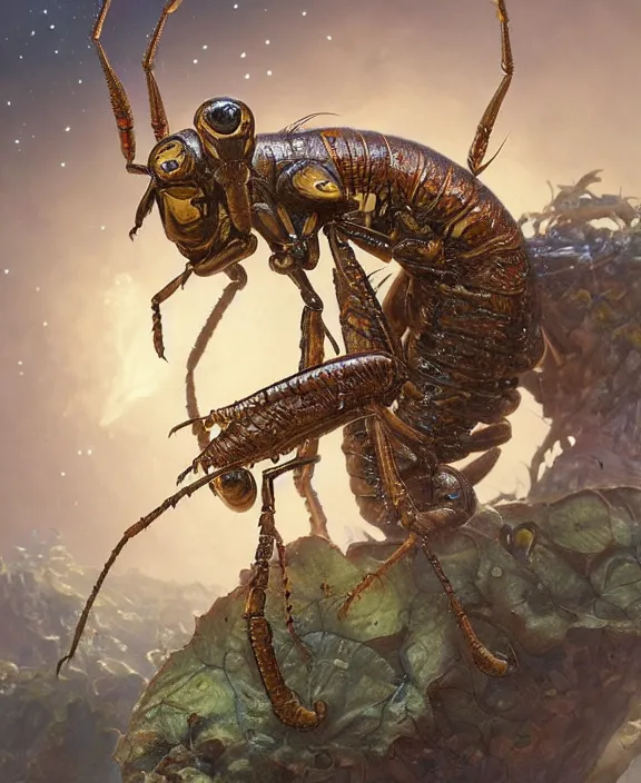 Image similar to portrait of an alien insect fungus creature, adorable, childlike, milky way environment, ultra realistic, concept art, intricate details, cheerful, highly detailed, photorealistic, octane render, 8 k, unreal engine. art by christopher marley and artgerm and greg rutkowski and alphonse mucha
