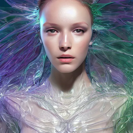 Image similar to a highly detailed ethereal full body digital image of a silver covered elegantly posed futuristic woman beautifully intertwined in realistic chromatic liquid like leaves, full body shot, by Andrew Chiampo, artstation, and Frederik Heyman, extremely detailed woman, stunning volumetric lighting, hyper realism, fantasy 4k