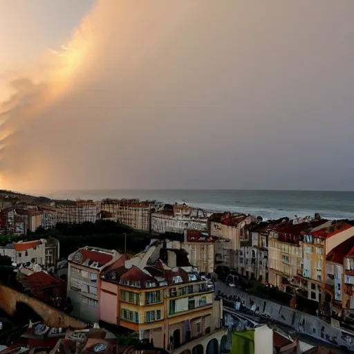 Prompt: photo of biarritz at dusk with a huge tornado in front of the buildings