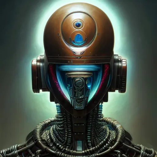 Image similar to low angle portrait shot of a cyberpunk gazmask robot character, intricate, elegant, highly detailed, centered, digital painting, artstation, concept art, smooth, sharp focus, illustration, artgerm, Tomasz Alen Kopera, Peter Mohrbacher, donato giancola, Joseph Christian Leyendecker, WLOP, Boris Vallejo