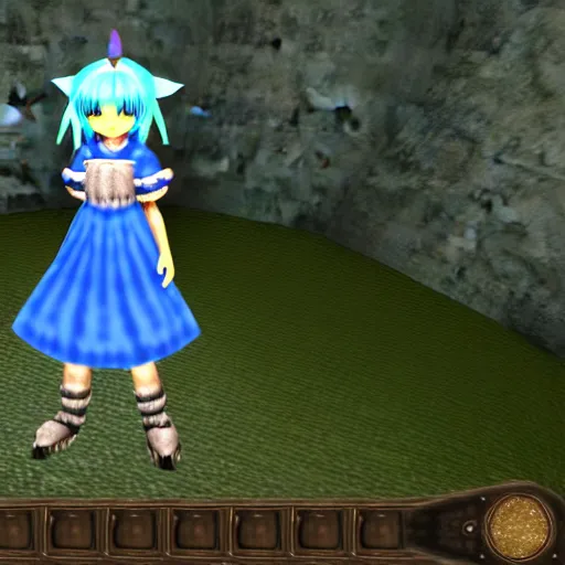 Image similar to cirno from touhou project in morrowind, game screenshot, retro 3 d, pc game, elder scrolls, morrowind, mushrooms