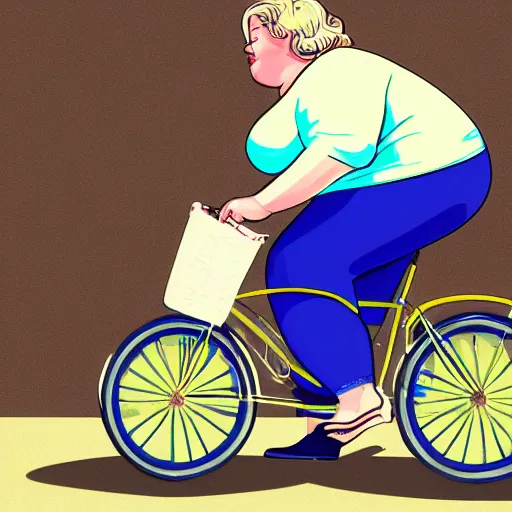 Prompt: your obese mother trying her best to ride a bicycle, digital art