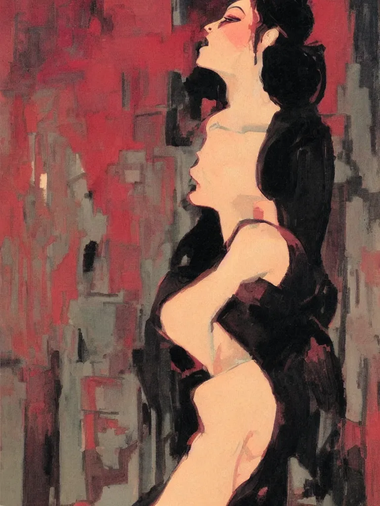 Image similar to portrait profile of one mysterious dark beautiful women in 1 9 7 8, oil painting by john watkiss