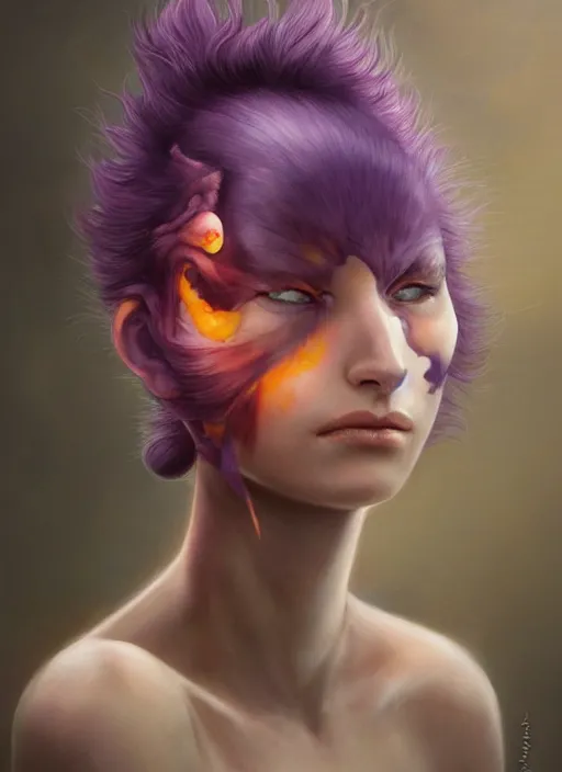 Image similar to a detailed facial portrait of a female nekomata with purple hair and orange eyes, a beautiful face, mutation, by tom bagshaw, by dorian cleavenger, zdzisław beksinski, bastien lecouffe - deharme trending on artstation