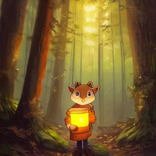 Image similar to concept art painting of an anthropomorphic anime chipmunk wearing a yellow cloak, holding a lantern, in the deep forest, realistic, detailed, cel shaded, in the style of makoto shinkai and greg rutkowski and james gurney