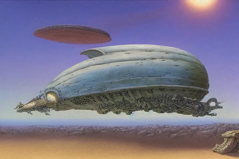 Image similar to “A fantasy desert landscape with an airship by Rodney Matthews and Roger Dean”