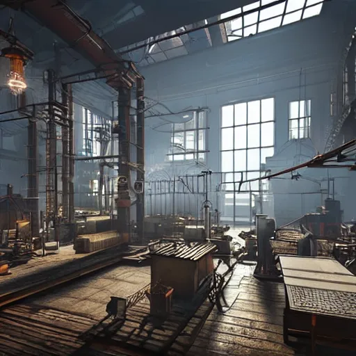 Image similar to factories of the industrial revolution in europe, highly detailed, photorealistic shot, bright studio setting, studio lighting, crisp quality and light reflections, unreal engine 5 quality render