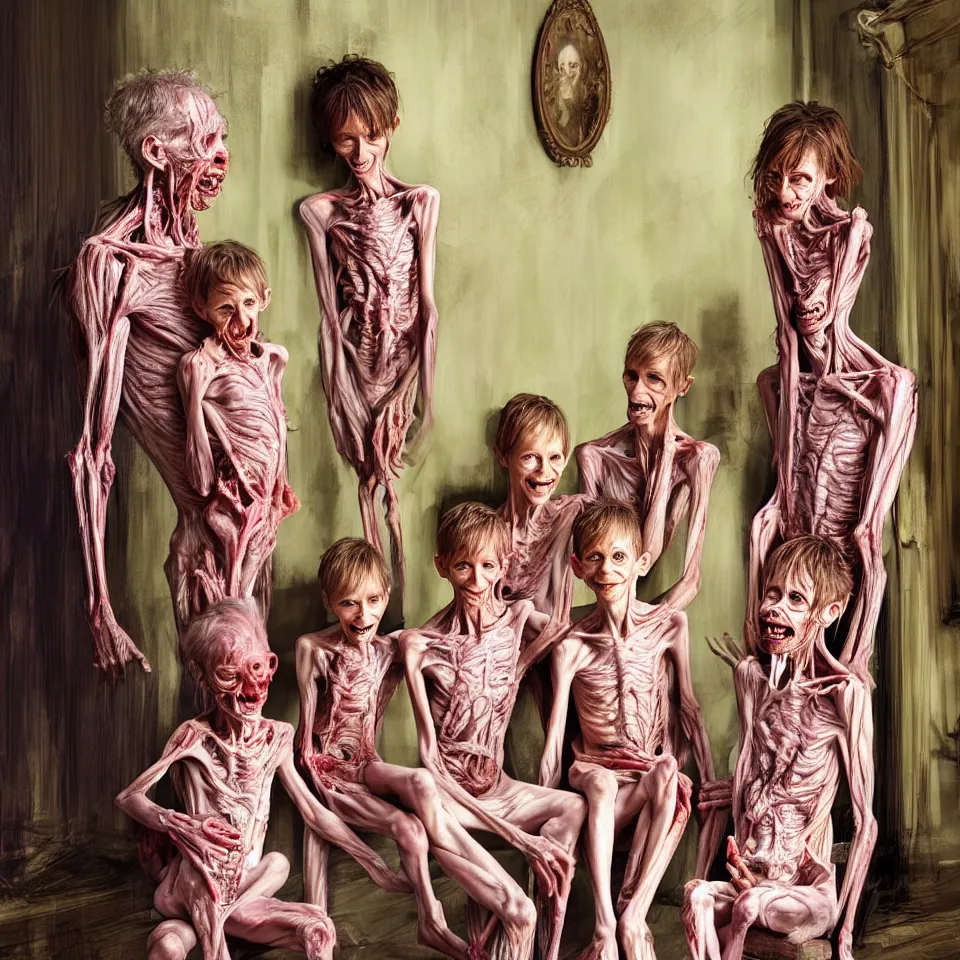 Image similar to bright realistic anorexic family turning into a god and smiling franticly, old apartment, rotten flesh, diffuse lighting, fantasy, intricate, elegant, highly detailed, lifelike, photorealistic, digital painting, artstation, illustration, concept art, smooth, sharp focus, art by francis bacon and jenny saville