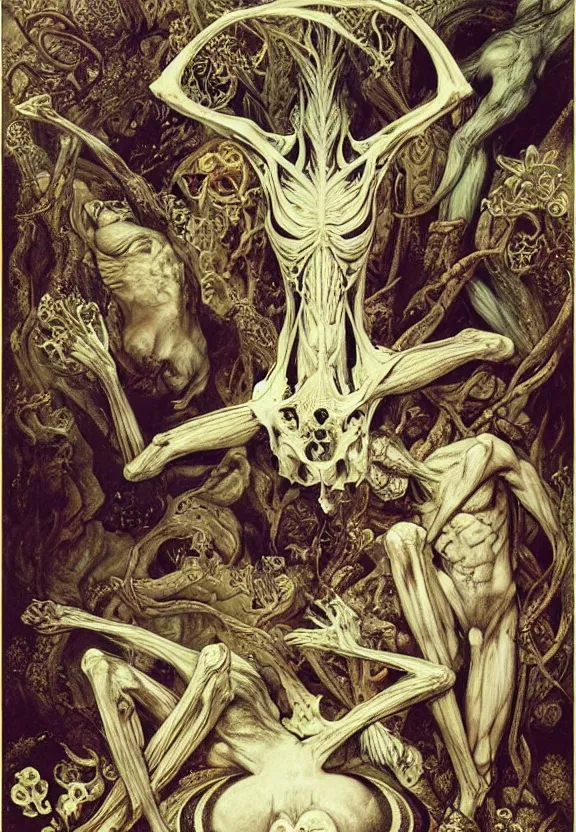 Image similar to simplicity, elegant, colorful muscular eldritch bodies and bones radiating from fractal, orchids, flowers, mandala, white bones, by h. r. giger and esao andrews and maria sibylla merian eugene delacroix, gustave dore, thomas moran, pop art, chiaroscuro, biopunk, art nouveau