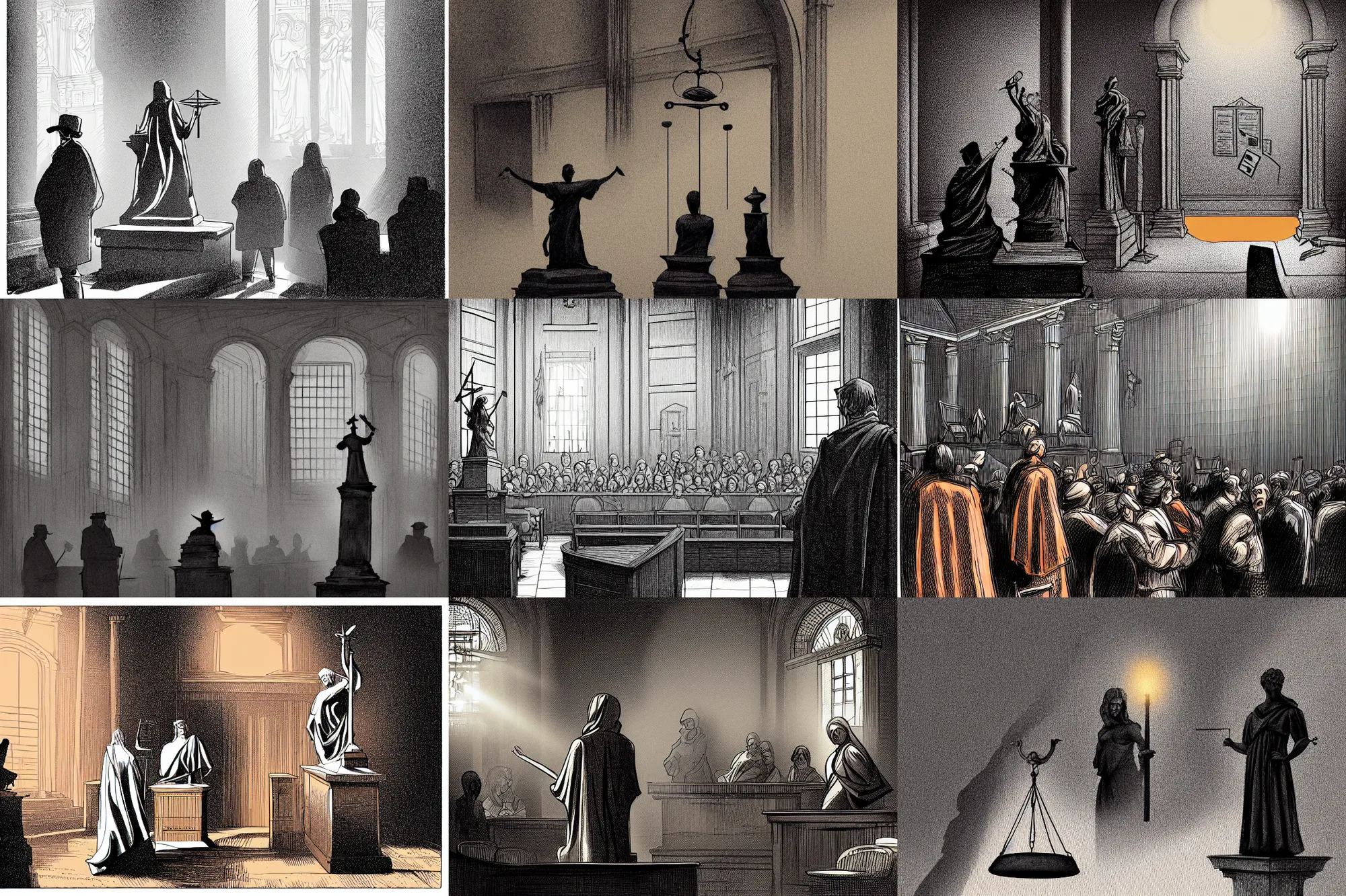 Prompt: editorial illustration by karolis strautniekas and mads berg, illustrated ( ( lady justice statue ) ) in a busy court room interior, many people, low fog, fine texture, detailed, muted colors, dramatic lighting, dynamic composition, vivid, matte print, wide angle, ( ( sunbeams ) ), moody, dark orange + light blue + beige + black