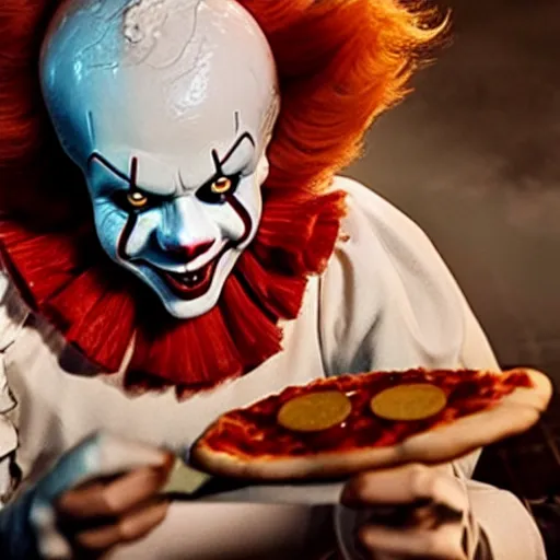 Image similar to A still of Pennywise eating a pizza, 4k, photograph, ultra realistic, highly detailed, studio lighting