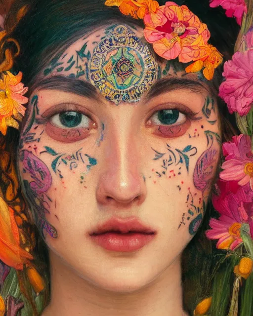 Image similar to close up of a beautiful girl with colourful tattoos surrounded by colourful flowers orientalist intricate portrait by john william waterhouse and edwin longsden long and theodore ralli and nasreddine dinet, oil on canvas. cinematic, hyper realism, dramatic lighting, high detail 8 k