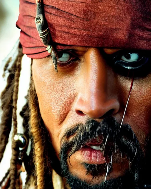 Image similar to Film still close-up shot of Dwayne Johnson as Captain Jack Sparrow from the movie Pirates of the Caribbean. Dwayne The Rock Johnson Photographic, photography