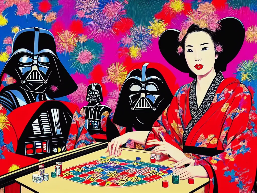 Image similar to hyperrealistic composition of the detailed woman in a japanese kimono sitting at a poker table with detailed darth vader, fireworks, mount fuji on the background, pop - art style, jacky tsai style, andy warhol style, acrylic on canvas