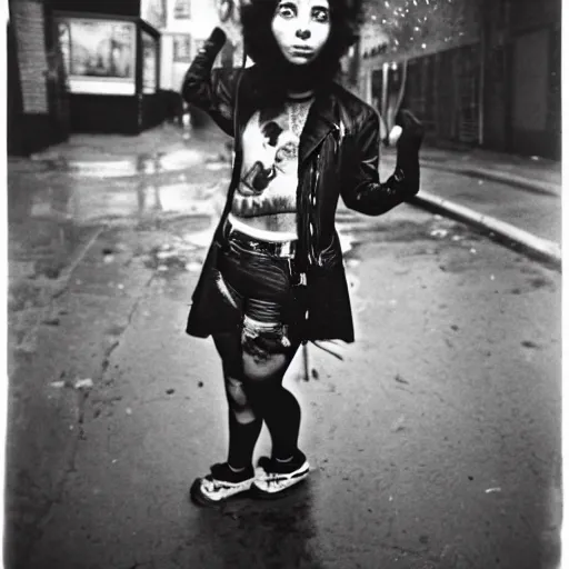 Prompt: night flash portrait photography of punk kids on the lower east side by diane arbus, colorful!!, nighttime!, raining!