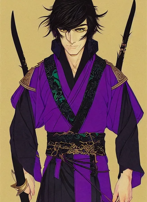 Image similar to half body portrait of a handsome brunette male elven warrior in black and purple. detailed, wearing kimono armour, by conrad roset, takato yomamoto, jesper ejsing, masamune shiro