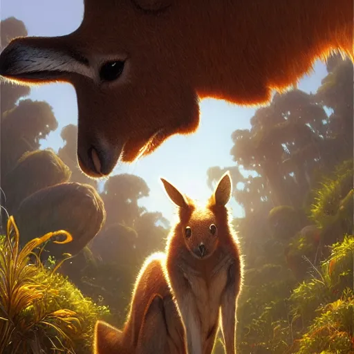 Image similar to Highly detailed portrait of Kangaroo wearing oakleys, Stephen Bliss, unreal engine, fantasy art by Greg Rutkowski, Loish, Rhads, ferdinand knab, Makoto Shinkai and Lois van baarle, ilya kuvshinov, rossdraws, Tom Bagshaw, alphonse mucha, global illumination, radiant light, detailed and intricate environment