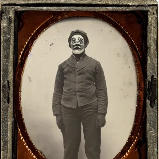 Image similar to tintype photo of a clown standing at the entrance to a cave