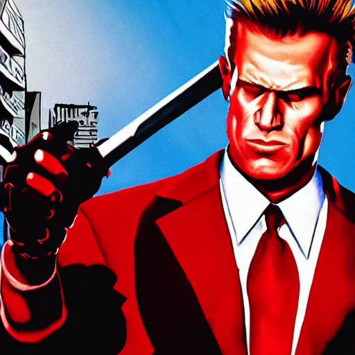 Image similar to Duke Nukem as The American Psycho, staring intensely, Duke Nukem art style, explosive background, cinematic still