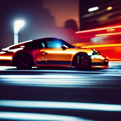 Image similar to photo of a porsche 9 1 1 at night drifting through a city, cinematic, 4 k, long exposure photography, tokyo drift, fast and furious, film still, night photography, motion blur, lens flare, movie shot, light trail, distortion, wide angle, reflections