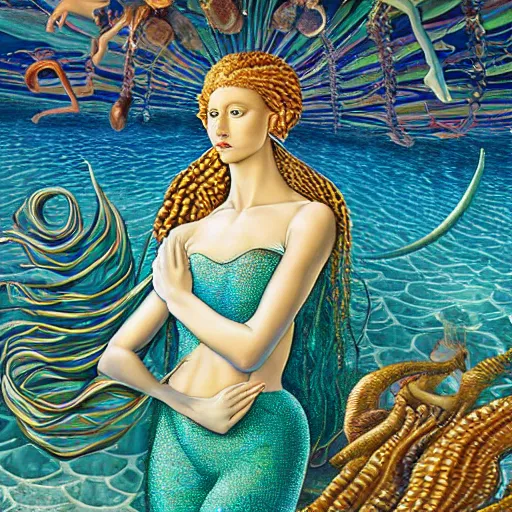 Prompt: hyperrealism, intricate detail, gilbert williams and sandro botticelli portrait of tan sumerian mermaid goddess atargatis, techno mystic goddess princess intergalactica, with aqua neon rapunzel dreadlocks adorned in seashells, near crystal temple in atlantis, iridescent dolphins swimming in the sea, unicorn flying in the sky, paleozoic atlantis