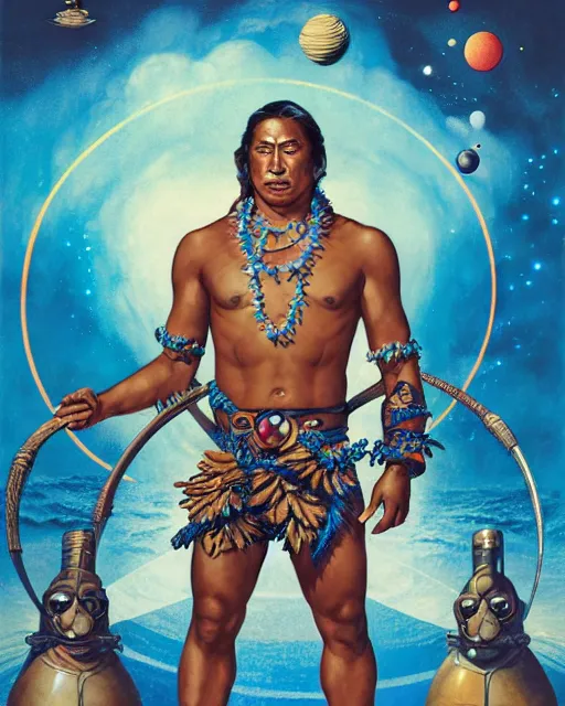 Image similar to duke kahanamoku as a hawaiian warrior surrounded by intergalactic planets connected by streams of multiversal flow, sigma male, gigachad, visually stunning, luxurious, by wlop, james jean, jakub rebelka, tran nguyen, peter mohrbacher, yoann lossel