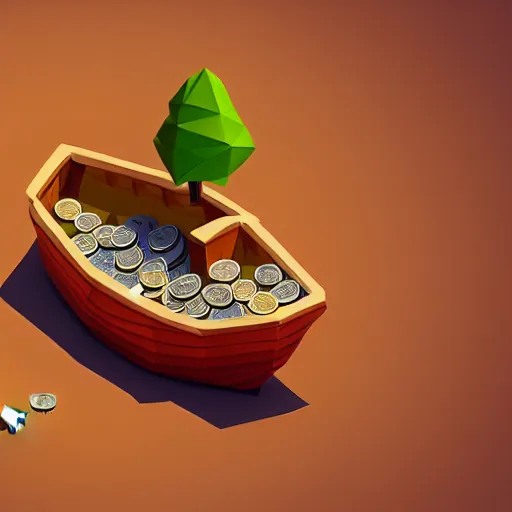 Image similar to boat in the dessert filled with coin and jewl collectables, game concept, low poly, horizontal view