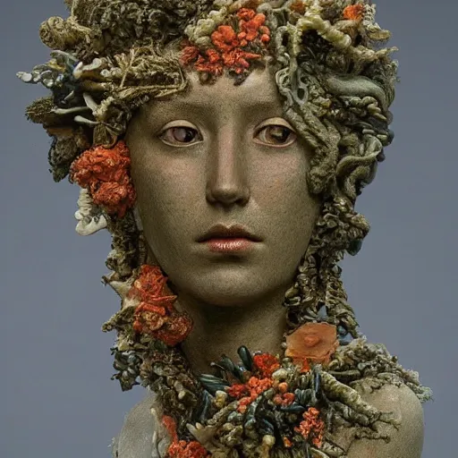 Prompt: a sculpture portrait made of seaweed and coral and shells and lilies, painting part by wojciech siudmak, part by ilya repin, part by max ernst, part by norman rockwell, artstation