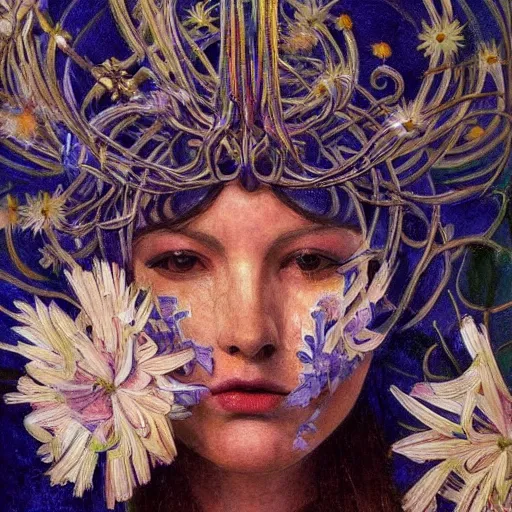 Image similar to a masterpiece painting of a facemask made of stylized flowers, by annie swynnerton and jean delville and tino rodriguez and john watkiss, flower mask, art deco shaman, art brut, symbolist, dramatic cinematic lighting, god rays, iridescent beetles, clean crisp graphics, smooth sharp focus, extremely detailed