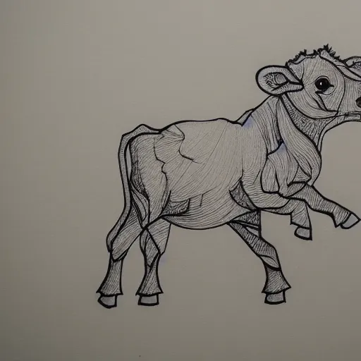 Image similar to a beautiful intricate line drawing of a cute calf running on a meadow