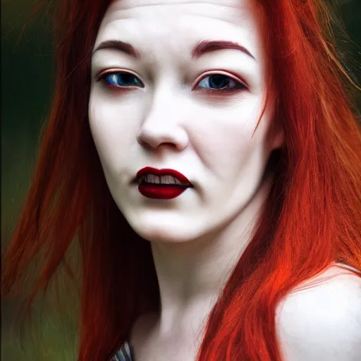 Prompt: detailed portrait woman’s face red hair fangs gargoyle wings