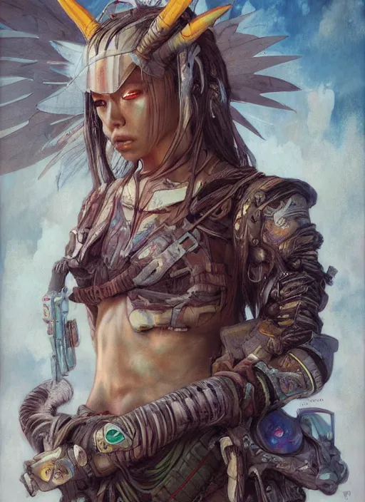 Image similar to hyper realistic photography portrait of postapocalyptic cyberpunk asian cyborg tribal warrior angel unicorn cinematic, brom, mucha, moebius juan gimenez artstation, cgsociety